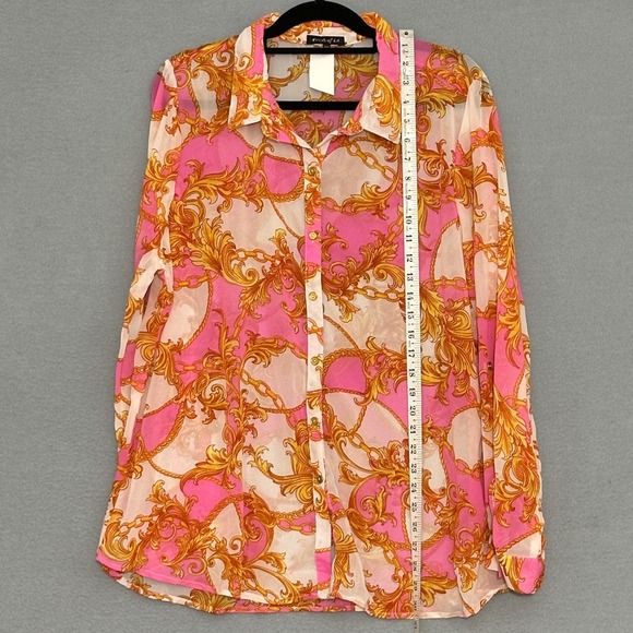 Fresh of LA Womens Top 2X Pink Gold Scroll Chain Print Sheer Feminine Retro 90s - Picture 6 of 8